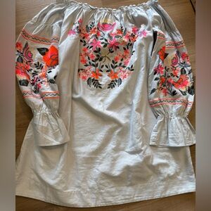 Free People Off-Shoulder Embroidered Mini Dress - Gray and Pink